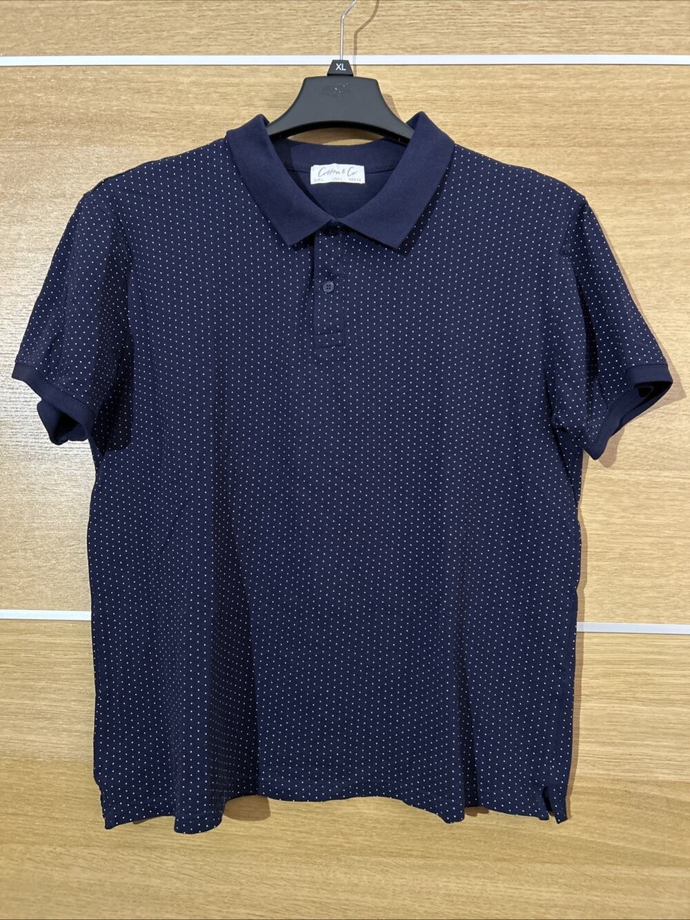 Cotton & Co. Polo - Men’s Sz Large - Short sleeve Navy Blue w/white polka dots